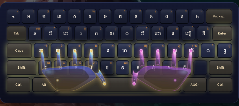 PK Khmer Type interactive virtual keyboard showing the official Khmer NiDA Unicode keyboard layout (ក្តារចុចខ្មែរ និដា យូនីកូដ) with Coeng ្ on the J key and home row keys ា ស ដ ថ and ្ ក ល ើ